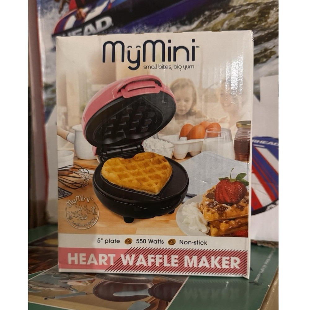 MyMini Heart Non-Stick Waffle Maker, 550W Electric, 5in, Pink/Black